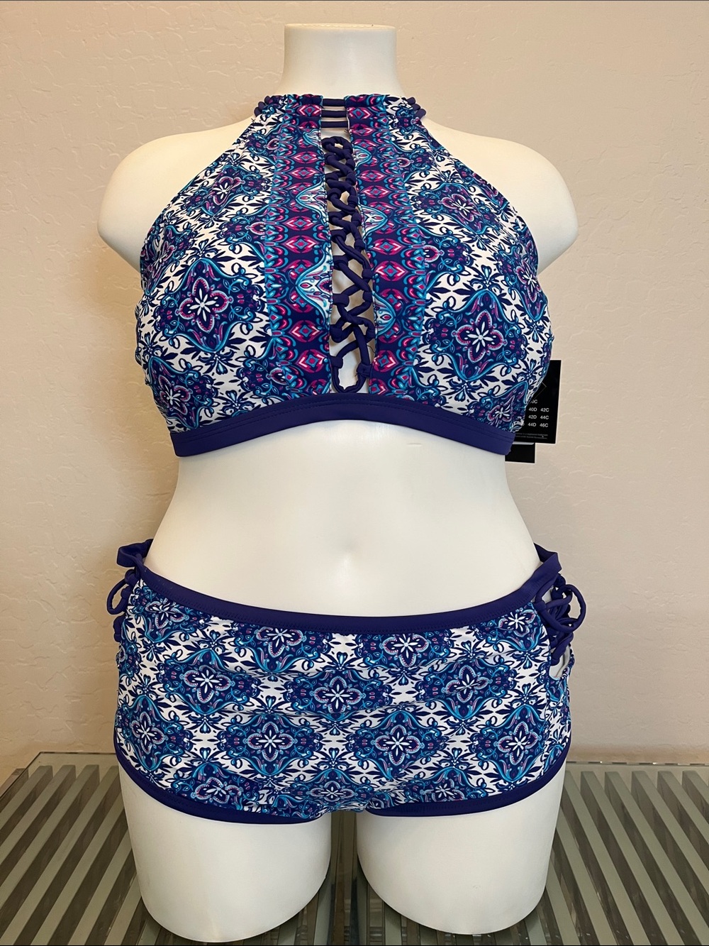 Paramour Blue and Pink Mosaic High-Neck Lace-Up Bikini Set